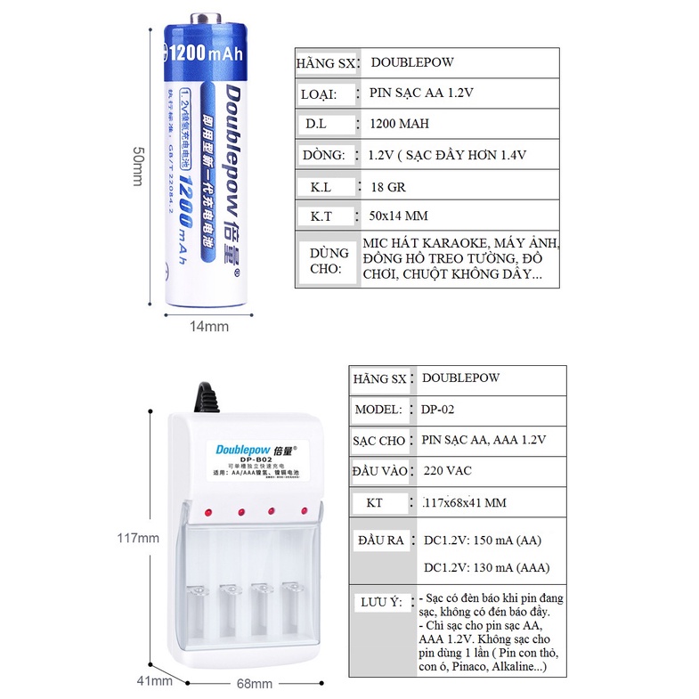 Bộ Sạc Pin AA và AAA Doublepow DP-B02 và Pin tiểu sạc AA 1200 mAh, Pin đũa sạc AAA 900 mAh