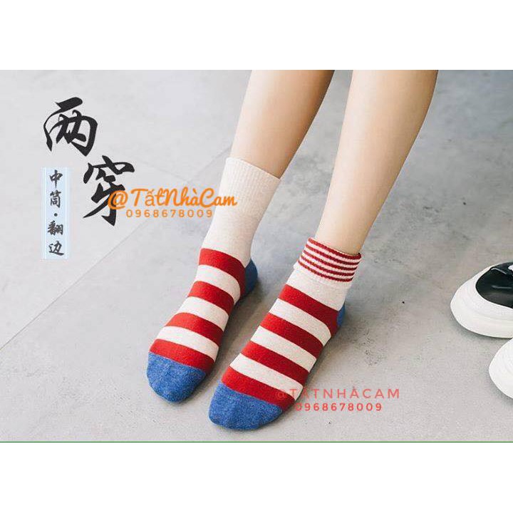 TẤT CAO CỔ NỮ VỚ CAO CỔ NAM Tất sọc khoang 5 màu CAM CAM VINTAGE