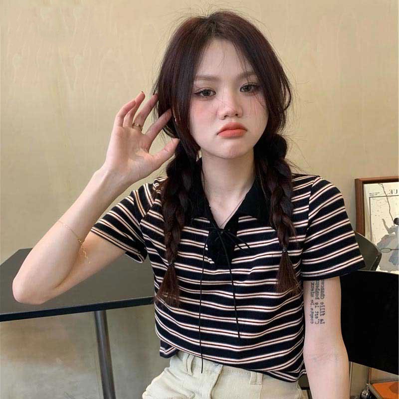 Áo thun polo XINLANYASHE tay ngắn họa tiết kẻ sọc ngang trẻ trung thời trang dành cho nữ