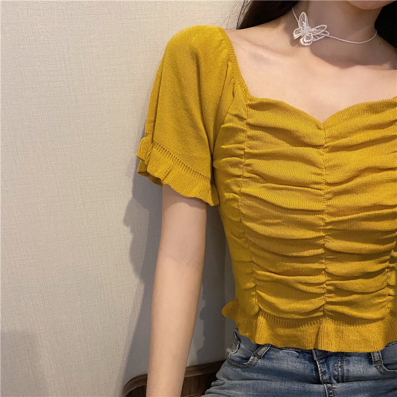 IELGY    Áo Thun Dệt Kim Ngắn Tay Hở Rốn Ôm Dáng Xếp Ly 7 Màu Sắc Tùy Chọn Cho Nữ