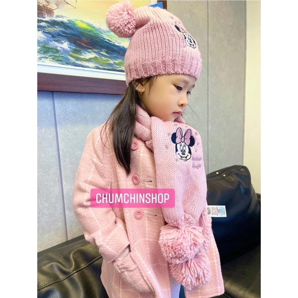 Set khăn mũ Minne / Set khăn mũ len nhập Uk cho bé gái 3-6 tuổi - Màu Hồng hoạ tiết Minnie