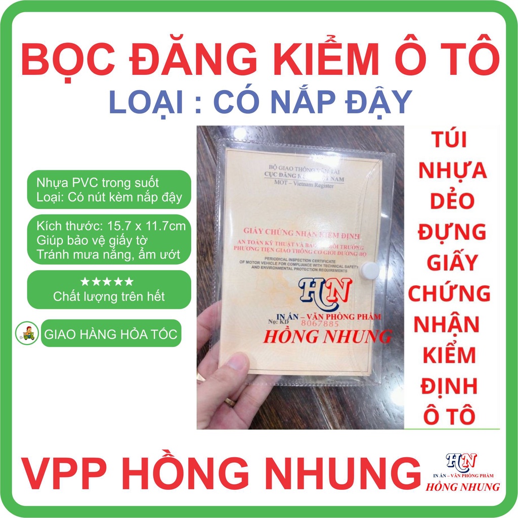 Túi Nhựa Dẻo PVC Bọc Bìa Đăng Kiểm Ô Tô, Nhựa Dẻo Trong Suốt, Có Nắp + Nút Đậy