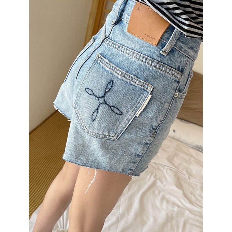 Quần Short Denim Chữ A Lưng Cao Viền Thô Mùa Hè Phong Cách Mới Cho Nữ