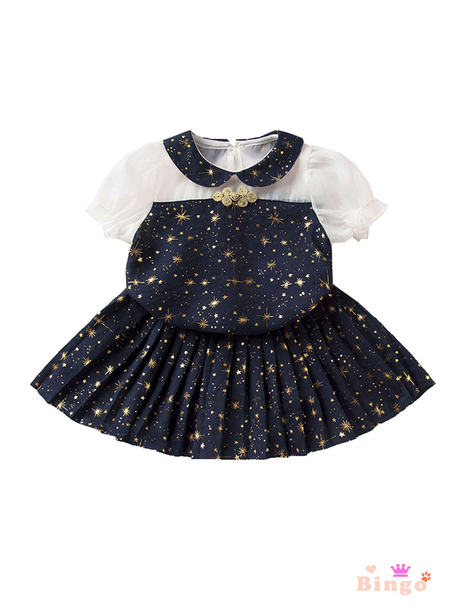 ✿☌☌2 Pieces Kids Suit Set, Girls Star Print Peter Pan Collar Short Sleeve Pullover+ Pleated Skirt for Summer
