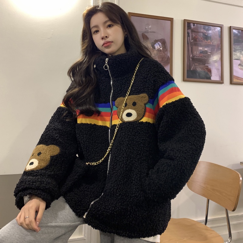 ZHELIHANGFEI Áo Khoác Lông Cừu Dáng Rộng Màu Cầu Vồng Phong Cách Preppy Dễ Phối Đồ