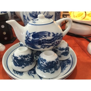 Bộ ấm chén mini thờ cúng bát tràng, họa tiết rồng phương, hoa sen