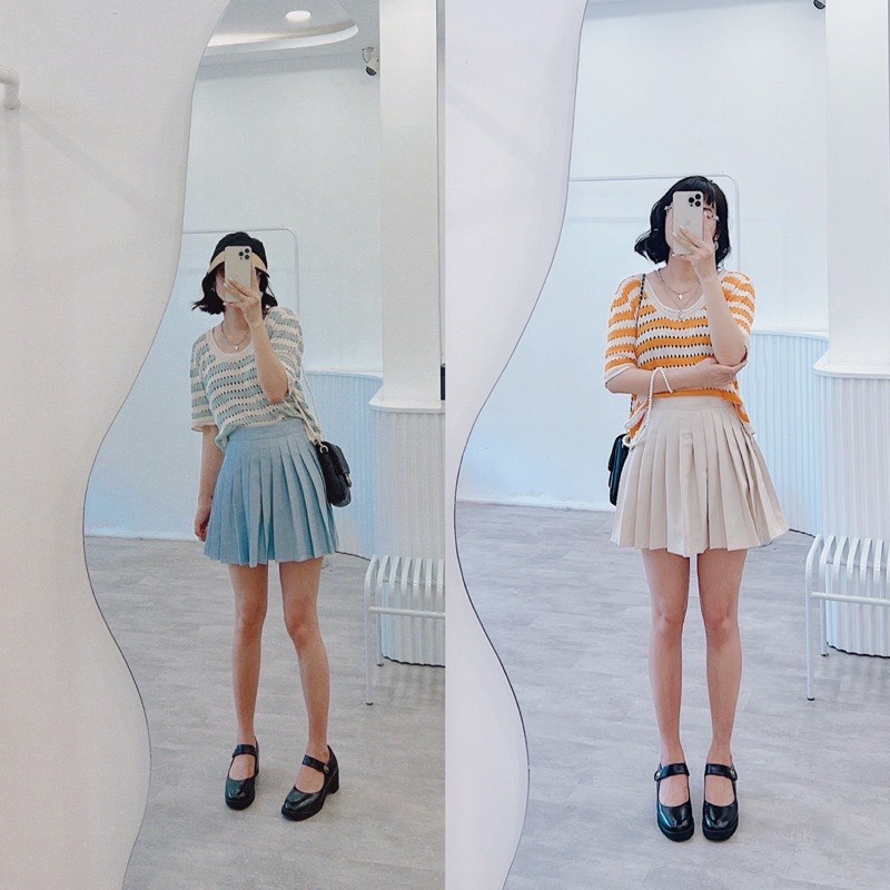 Len Mongtoghi Kẻ Sọc Tay Ngắn Cổ Tròn Phong Cách Hàn Quốc Áo Len Quảng Châu Loại 1 ALSTN