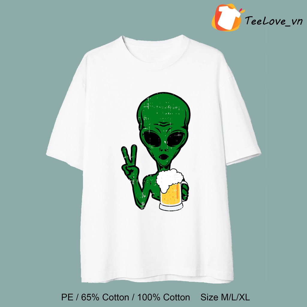 Áo thun 100% Cotton tay lỡ hình Alien Beer dễ thương kiểu dáng UNISEX form rộng cho nam nữ màu đen, trắng size M/L/XL