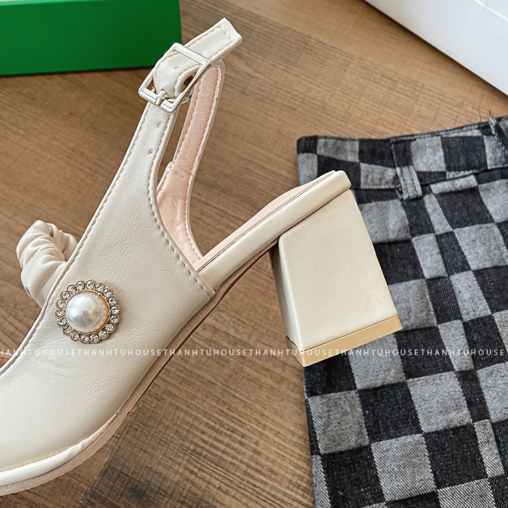 Giày Sandal Nữ Mary Jane Cao Gót Mũi Vuông Quai Nhún Vintage - SA012