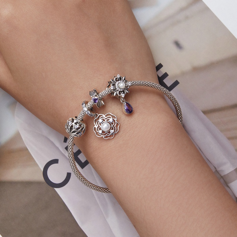 BAMOER Mặt Vòng cổ Bạc 925 Hình Hoa Sen Phong Cách Cổ Điển DIY