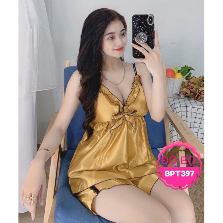 [Có size 68kg] Đồ ngủ sexy nữ 🔥 FREESHIP🔥Đồ ngủ hai dây có mút ngực, cột nơ chất phi hai dây chất mịn quyến rũ  ྇