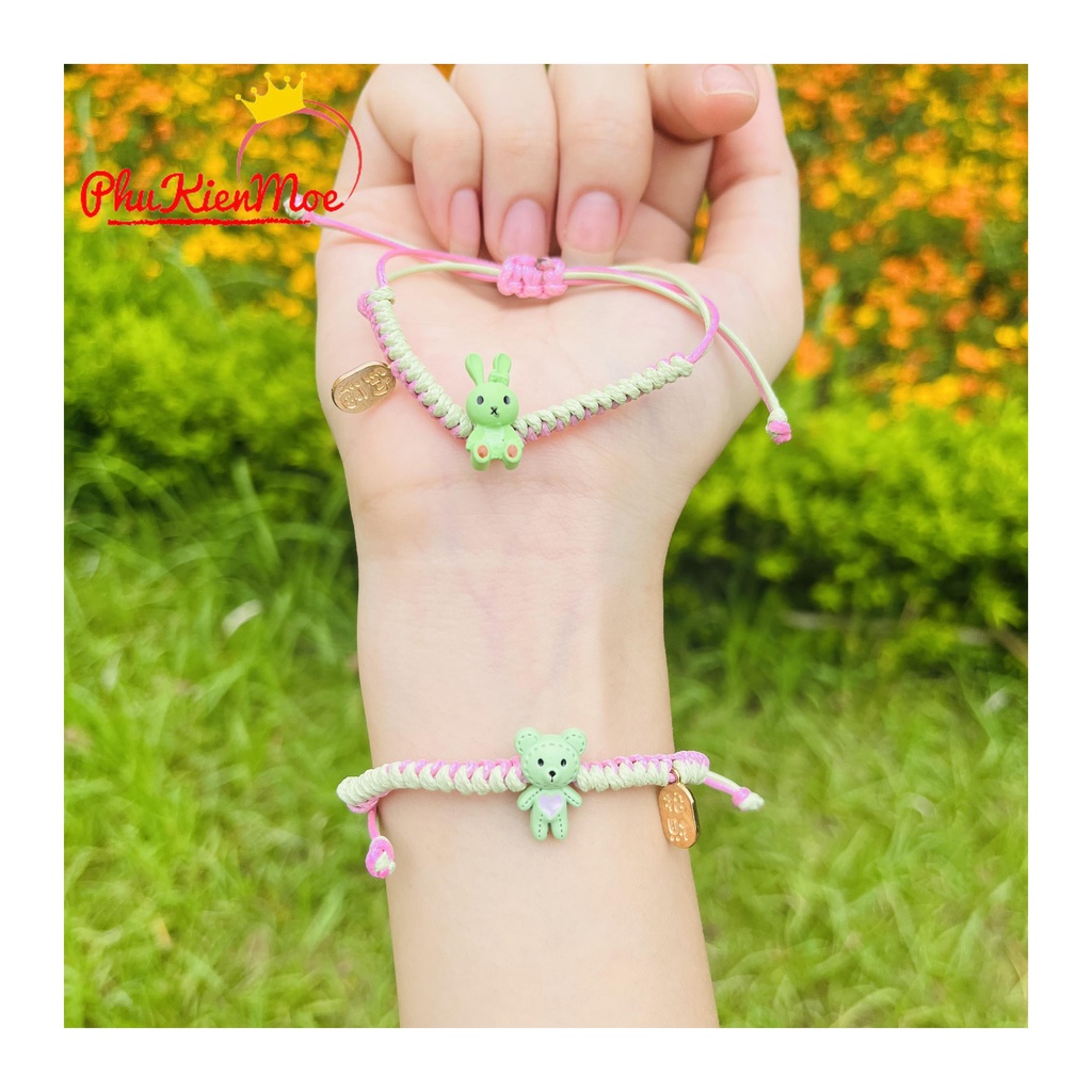 Vòng tay dây rút 2 màu xanh hồng pastel hình gấu và thỏ PhuKienMoe handmade