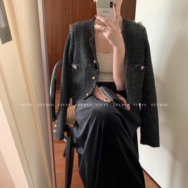 Áo Vest Dạ Tweed khuy vàng style Korea