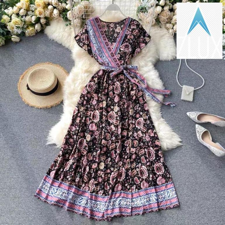 Váy đầm maxi boho thổ cẩm dáng dài cổ V xẻ tà thắt dây eo vintage đi biển du lịch diện hè 2021