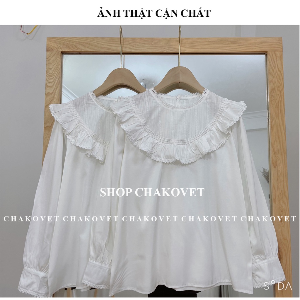 Áo sơ mi nữ dài tay form rộng CKA883, kiểu áo nữ cổ tròn ngực viền ren dáng babydoll trắng tiểu thư mặc đi làm đi học