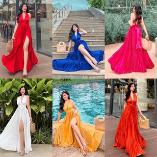 Maxi lụa dập ly siêu xoè xẻ tà nhiều màu