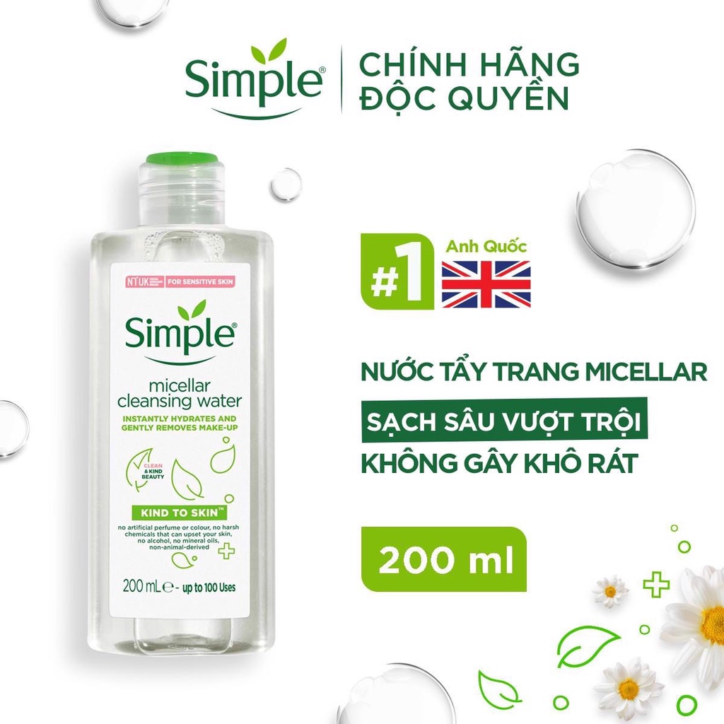 Combo Simple Tẩy Trang 200ml + Sữa Rửa Mặt 150ml + Nước Hoa Hồng 200ml Dịu Nhẹ Cho Da Khô, Nhạy Cảm Simple Kind To Skin