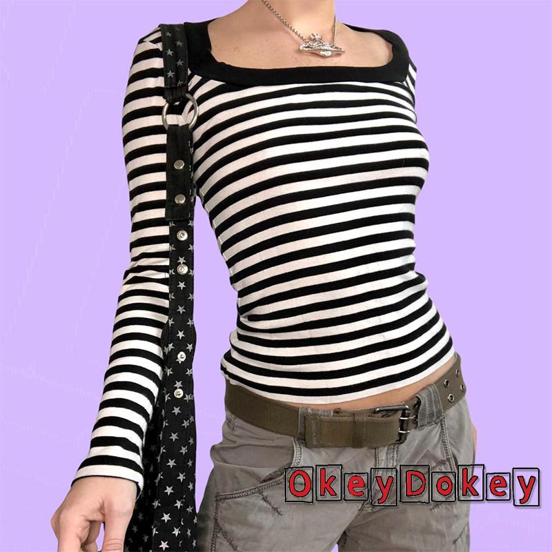 Áo thun tay dài cổ vuông họa tiết kẻ sọc thời trang cho nữ