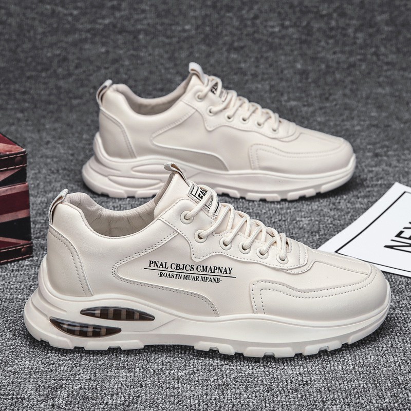 Giày MWC 5345 - Giày Thể Thao Nam, Sneaker Da Trơn Thiết Kế In Chữ Đế Độn Cá Tính Trắng Kem