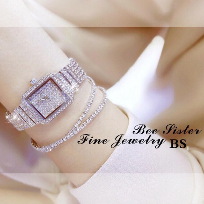 Đồng Hồ Nữ BEESISTER BS14 Mặt Vuông Đính Full Đá Siêu Đẹp Dây Thép Không Gỉ