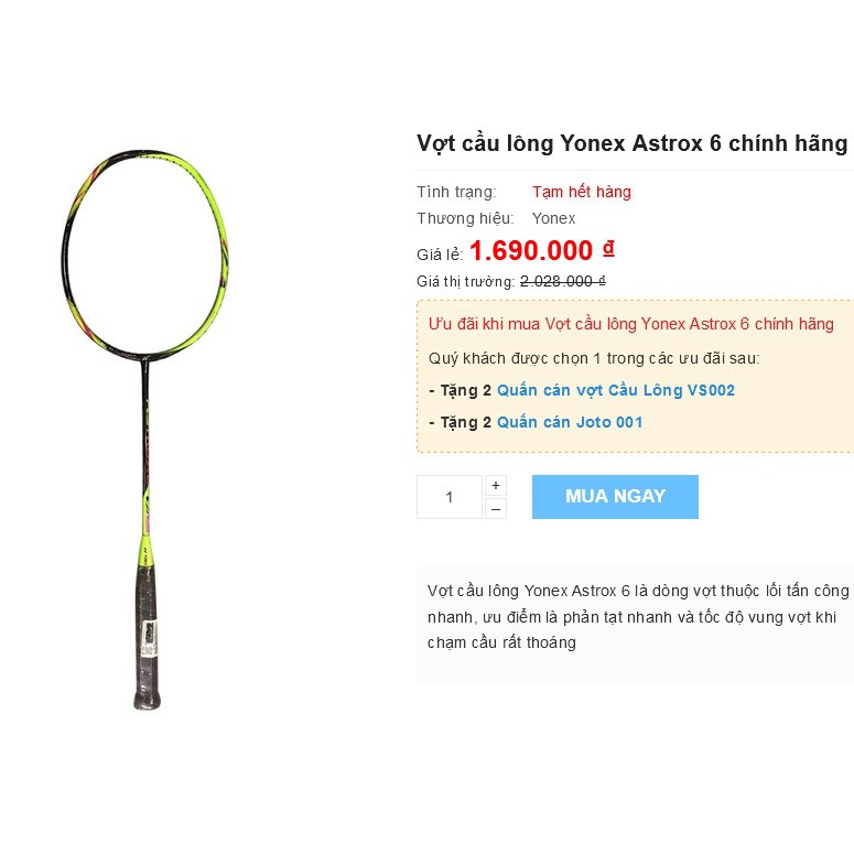 [1650k còn 550k] Vợt cầu lông Yonex Astrox 6 đã qua hàn cacbon