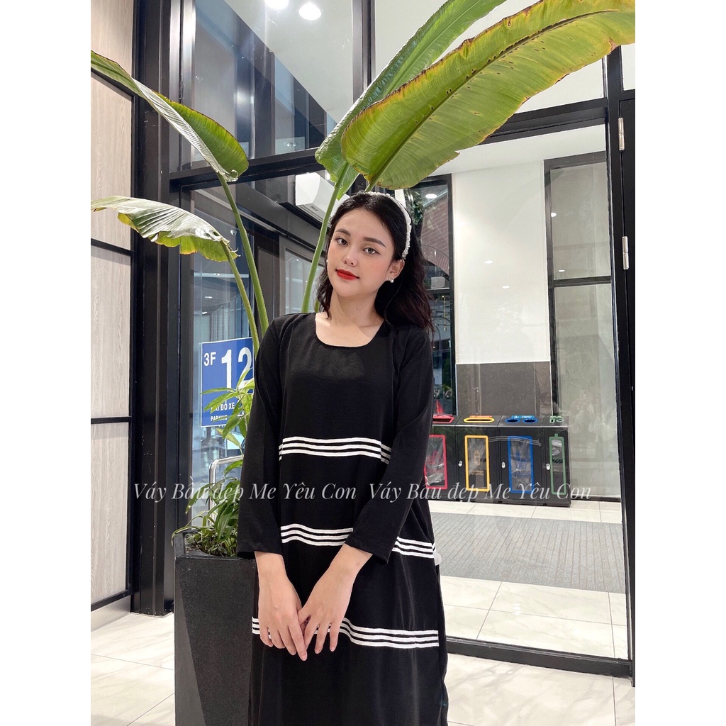 Đầm bầu công sở Váy bầu đẹp ĐEN DÁNG XÒE DÀI TAY MYC 1054