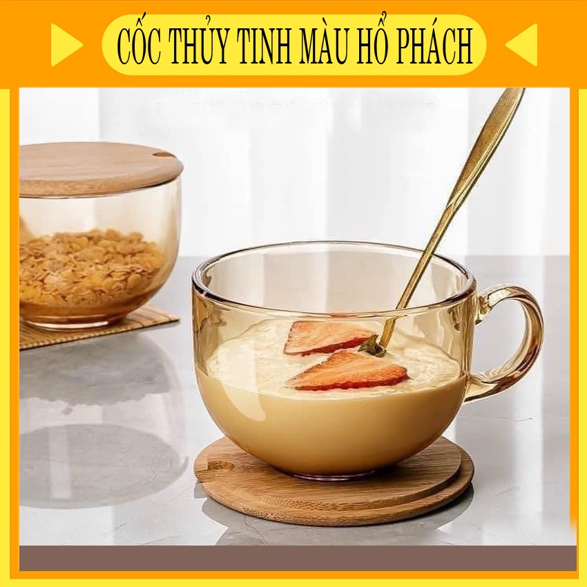 Cốc thủy tinh màu hổ phách 480 ml ,Ly thủy tinh chịu nhiệt cao cấp có tay cầm dùng để ăn sinh tố, sữa chua siêu tiện