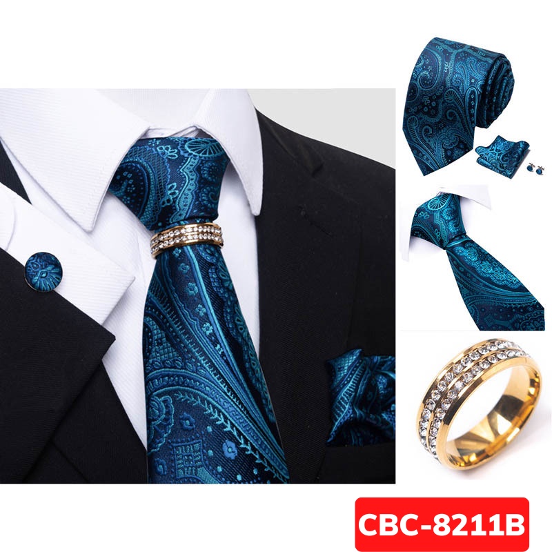 Bộ Cà vạt 4 món gồm Cavat 8cm, khăn cài túi, Măng-set, Nhẫn tròn phụ kiện, Cravat chú rể, Calavat công sở CBC-8211