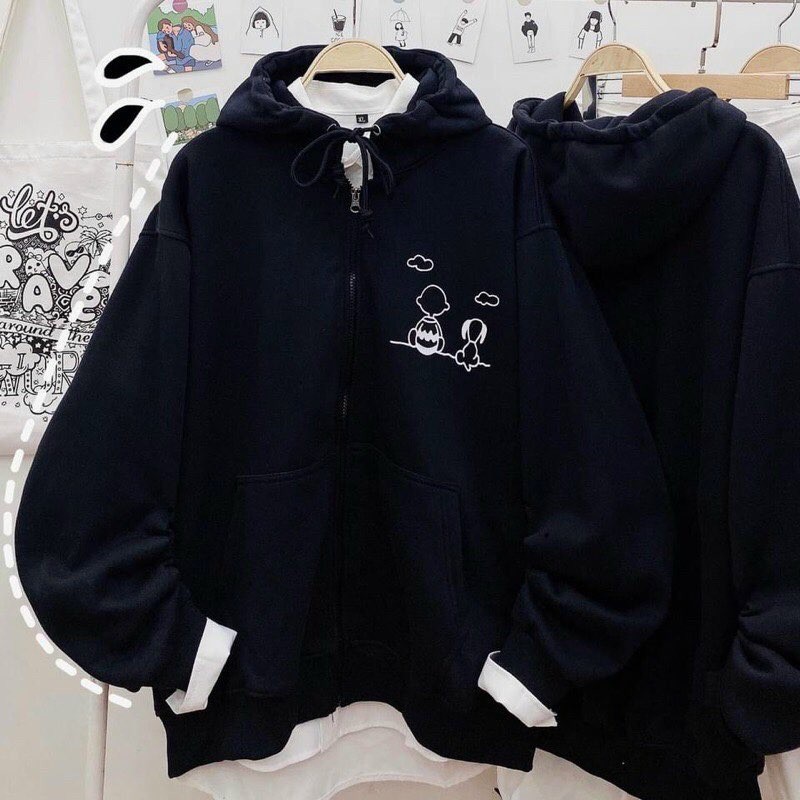 Áo Khoác Hoodie Form Rộng Nam Nữ Chất Nỉ Thun Dây Kéo Snoopy Phong Cách Thời Trang