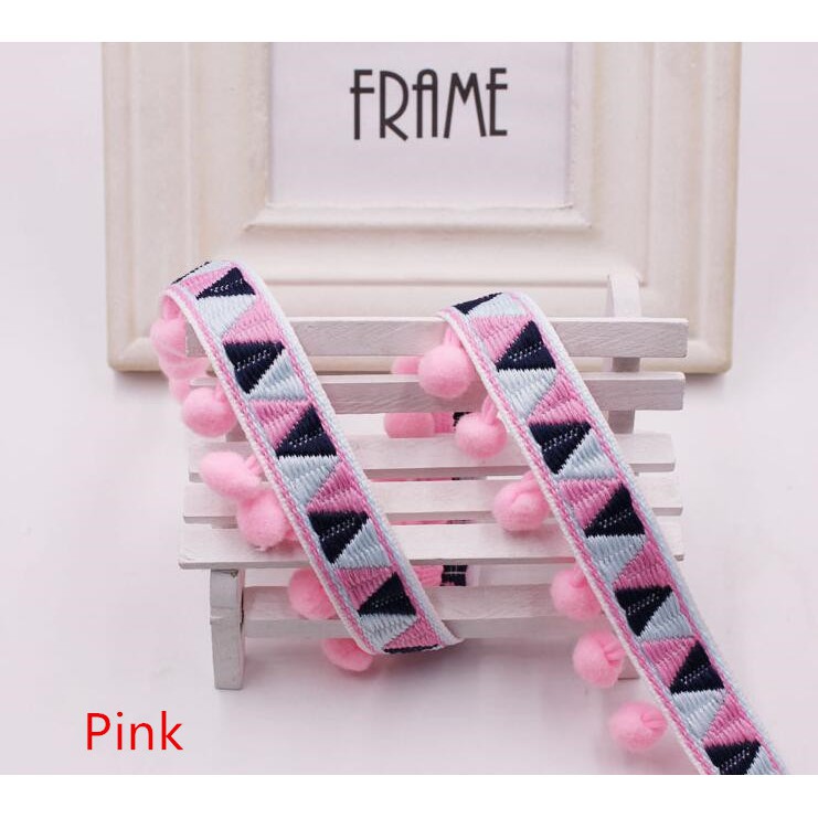 Dải dây thêu hoạ tiết phối tua rua hạt pom pom nhiều màu sắc