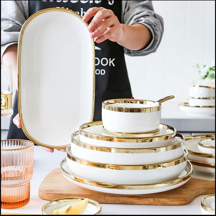 Set bát đĩa đẹp - đồ dùng phòng ăn sứ trắng viền vàng chất lượng cao
