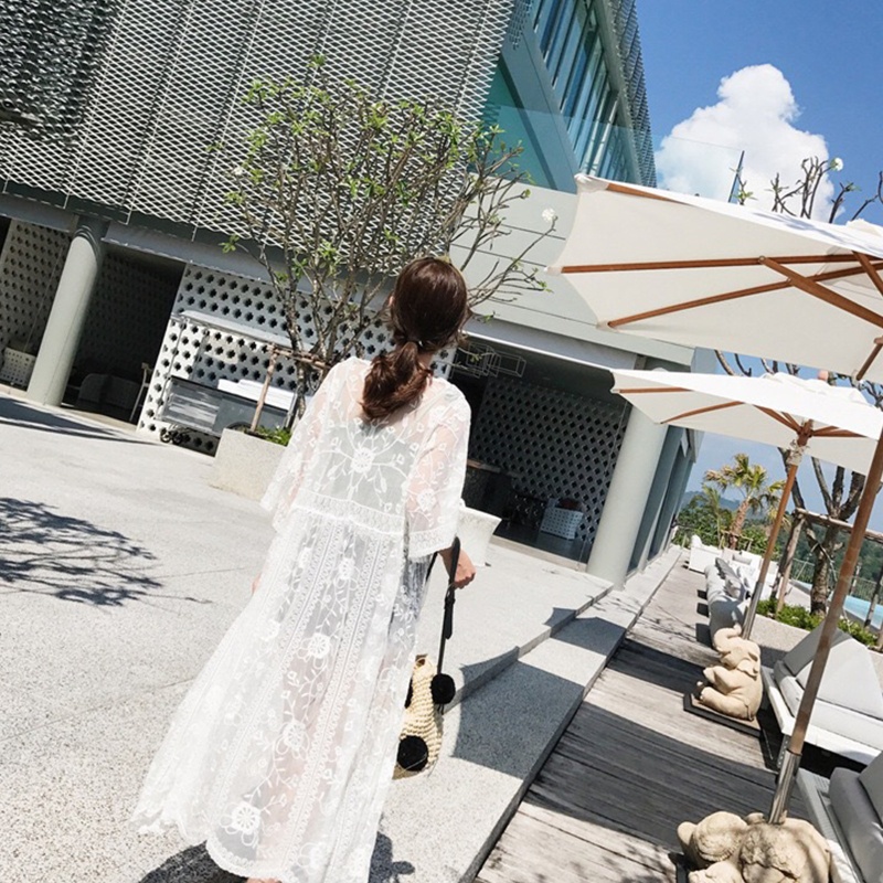 Brroa Áo Khoác Cardigan Ren Mỏng Tay Lửng Hở Phía Trước Thêu Hoa Nhìn Xuyên Thấu Gợi Cảm Cho Nữ