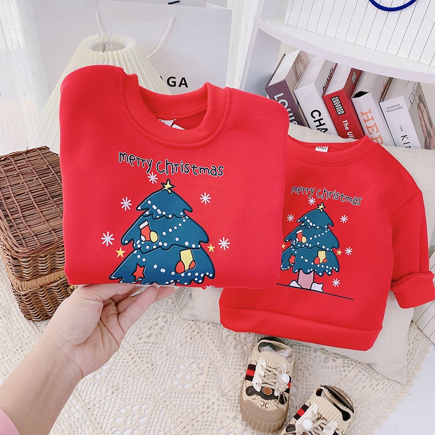 Áo Noel Nỉ Xốp Dài Tay Thu Đông In Hình Cây Thông Noel Dễ Thương Cho Bé Từ 9 -21kg Mã ADT08