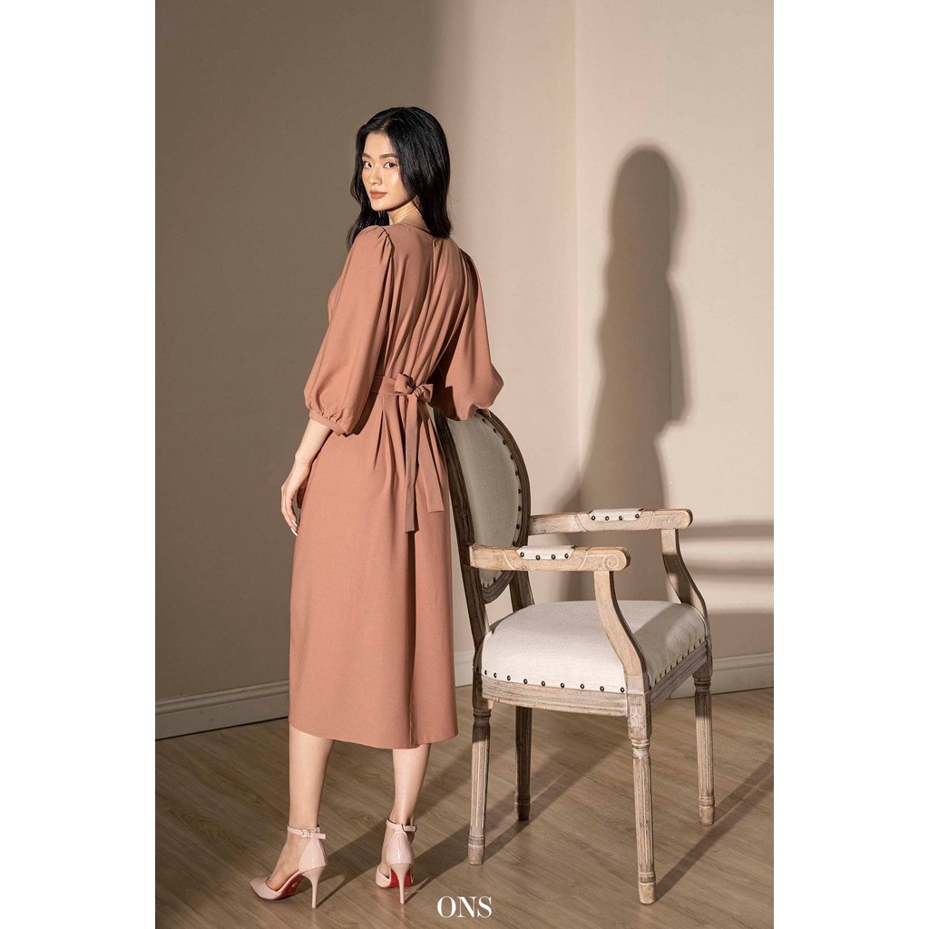 Oyster and Snail - Đầm Lydia nữ xếp ly chiết eo đai liền váy tay bồng - 0582