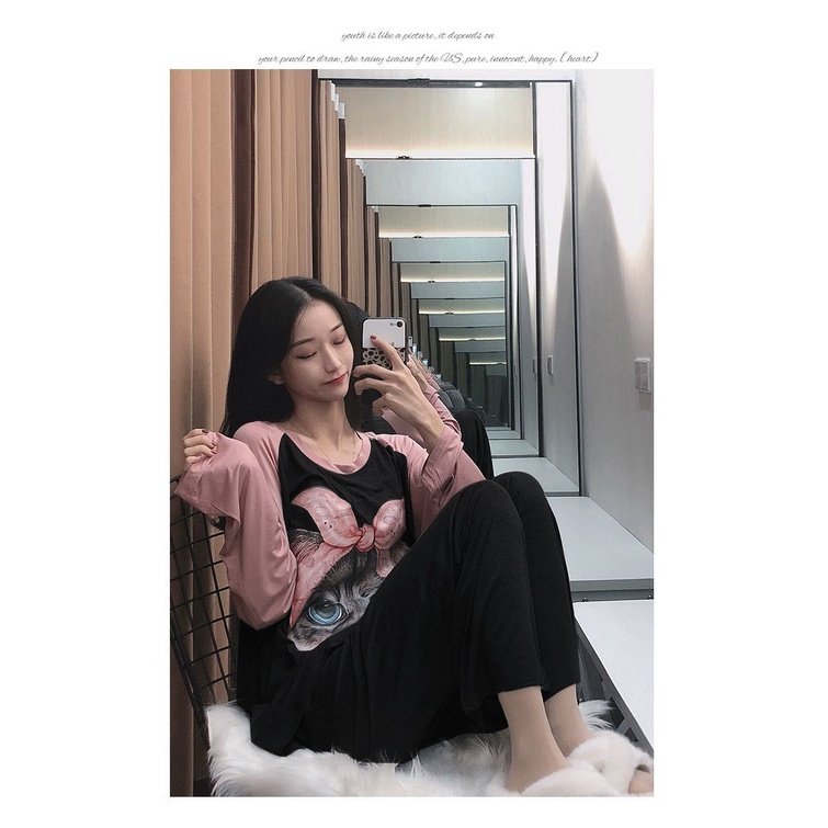 Bộ Đồ Ngủ Tay Ngắn + Quần Dài Màu Trơn In Hình Mèo Nhỏ Dễ Thương Cho Nữ