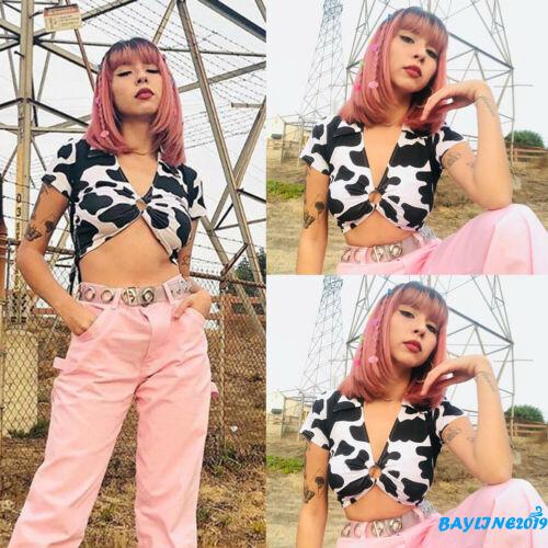 Áo cúp ngực ngắn tay họa tiết da bò sữa xinh xắn thời trang cho nữ