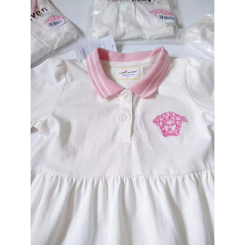 Váy Polo Little Maven trắng cổ hồng