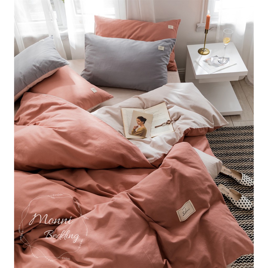 BỘ CHĂN GA GỐI COTTON HÀN QUỐC TICI VẢI MỊN MÁT MÀU CAM ĐẤT PHỐI GHI