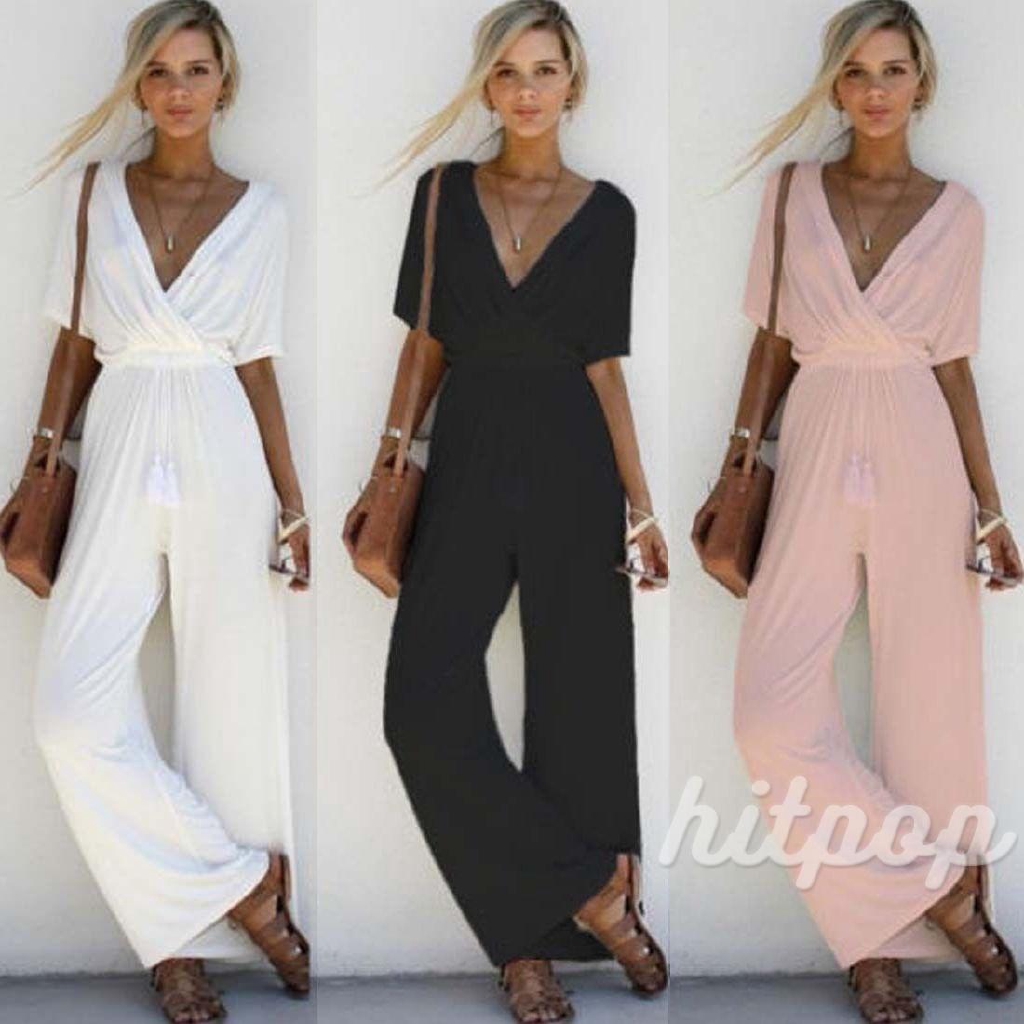 Bộ đồ áo ngắn tay cổ chữ V liền quần dài ống rộng thời trang quyến rũ cho nữ | BigBuy360 - bigbuy360.vn