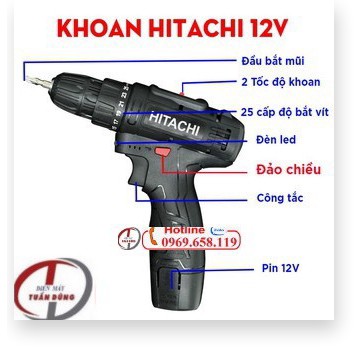 Máy khoan pin HITACHI 12V, Bắn Vít, Vặn vít - Khoan cầm tay 2 cấp tốc độ, 100% đồng, Siêu bền, Có Đèn