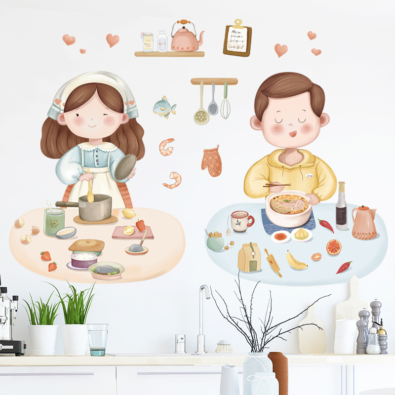 【Zooyoo】Cute couple wall sticker warm kitchen decoration stickers Restaurant milk tea shop decoration wall paste