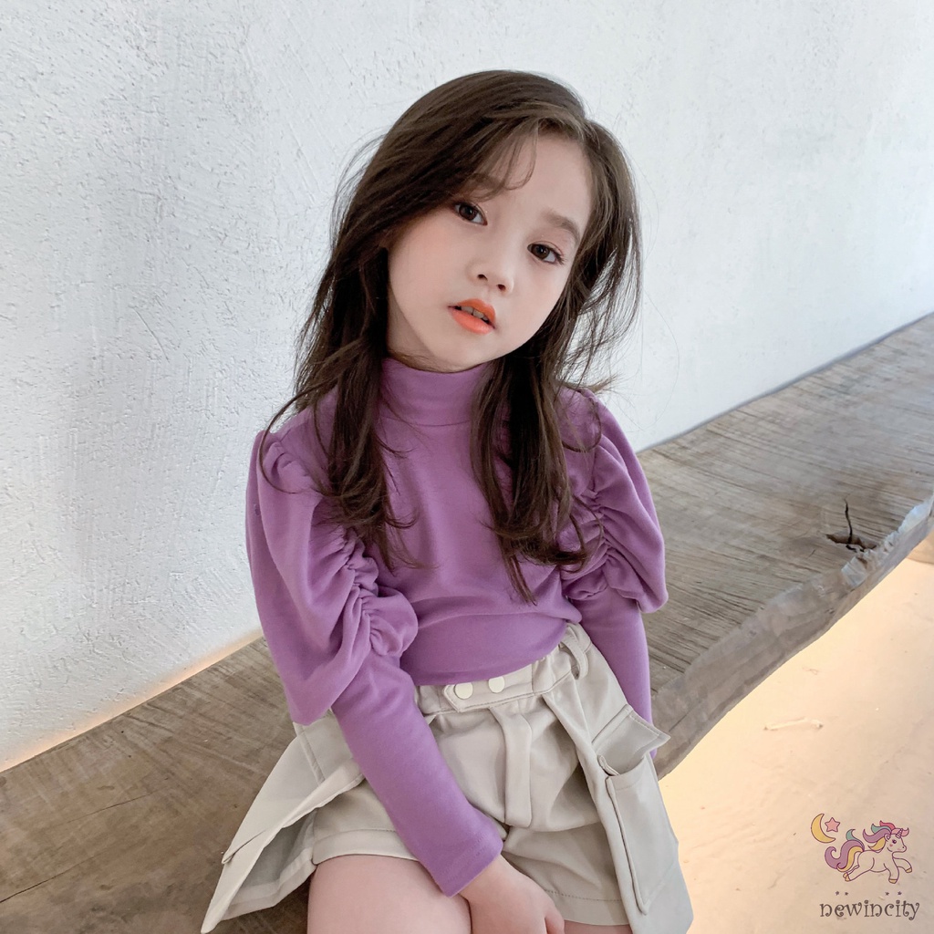 Áo sơ mi cổ cao tay phồng màu sắc trơn phong cách Hàn Quốc cho bé gái chất lượng cao