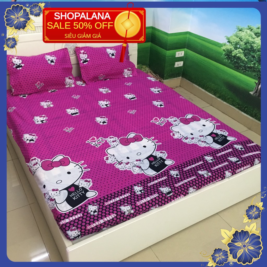 Bộ ga gối trải giường 2mx2m2 hình kitty chấm bi