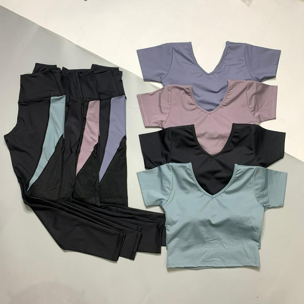 Bộ Thể Thao Nữ Quần Dài Phối Lưới Kèm Áo Croptop Lưng Đắp Chéo Tập Gym Yoga