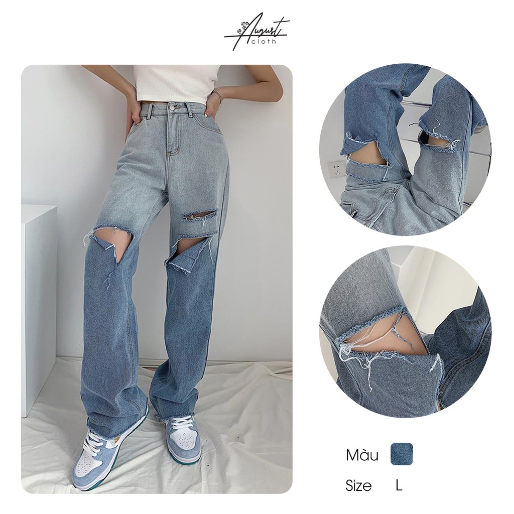 [Augustcloth] Quần jeans denim dài lưng cao rách Hàn Quốc