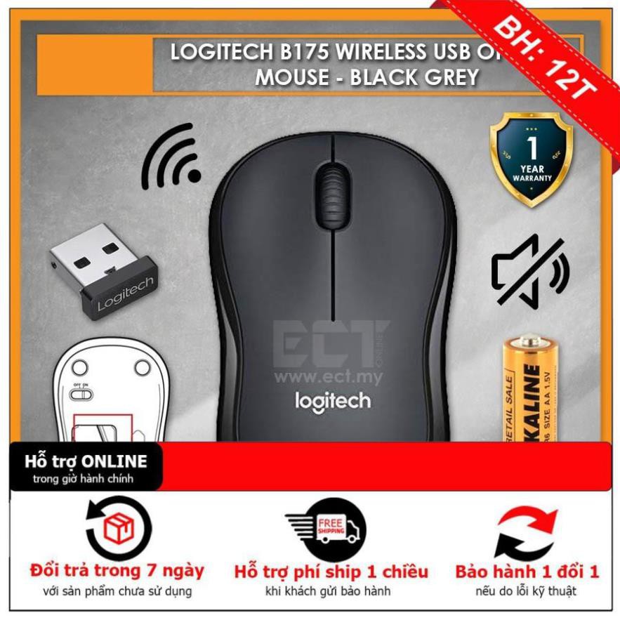 [BH12TH] (CHUYÊN VĂN PHÒNG) CHUỘT KHÔNG DÂY LOGITECH B175 CHÍNH HÃNG (ĐEN XÁM)