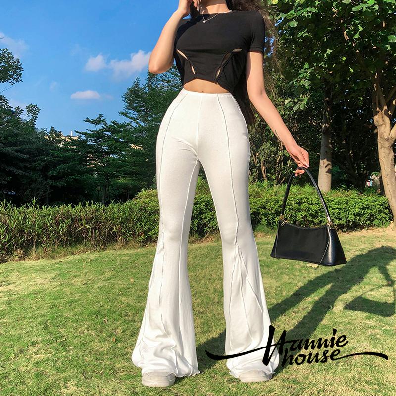 Quần ống loe lưng cao chất liệu co giãn thời trang cho nữ