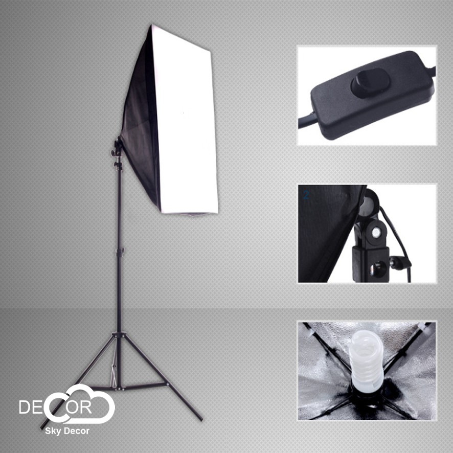 Bộ đèn Studio chụp ảnh sản phẩm softbox 70x50cm chân đèn 2m, bóng 175W ánh sáng trắng