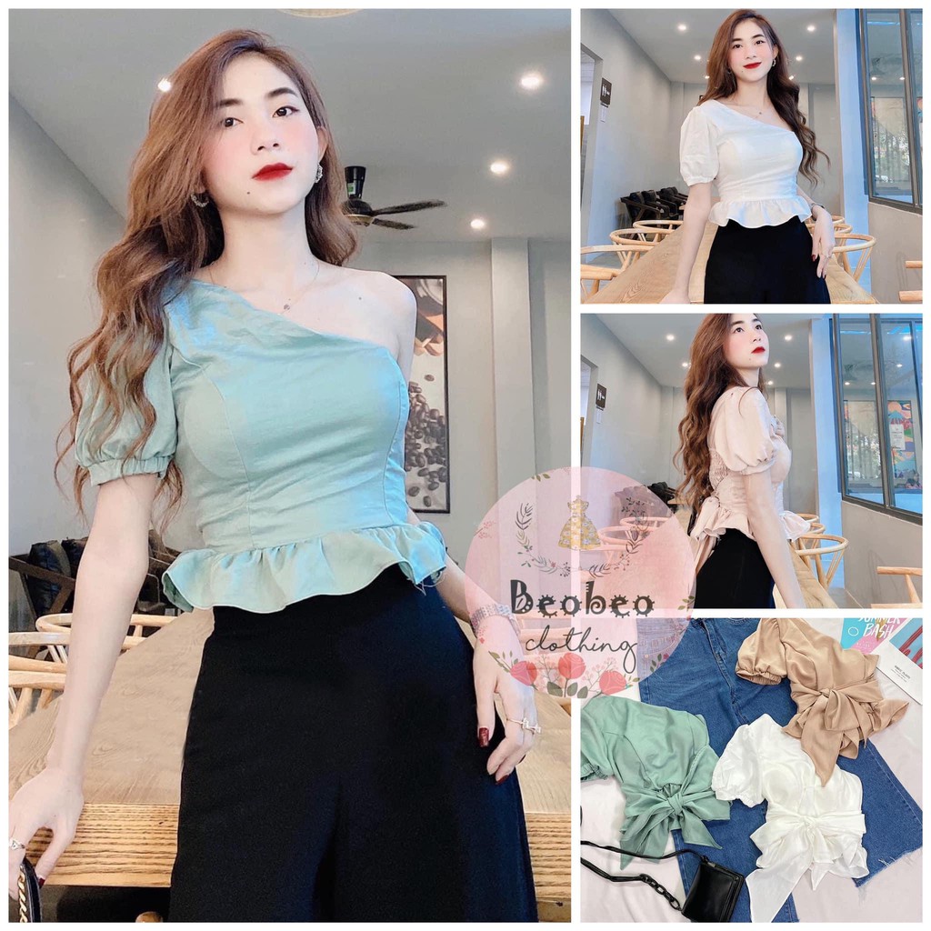 Áo peplum lệch vai cột nơ 3 màu dễ thương