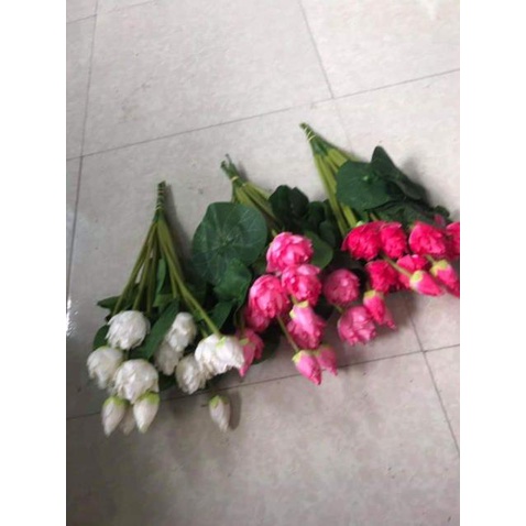 Cụm hoa sen nhí hoa giả trang nhã tuyệt đẹp, hoa lụa trang trí phòng khách, bàn lễ